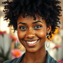A portrait of a confident woman showcasing her unique beauty with black frizzy hair and dark brown eyes