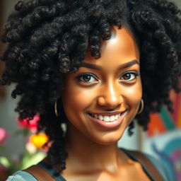 A portrait of a confident woman showcasing her unique beauty with black frizzy hair and dark brown eyes
