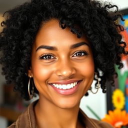 A portrait of a confident woman showcasing her unique beauty with black frizzy hair and dark brown eyes