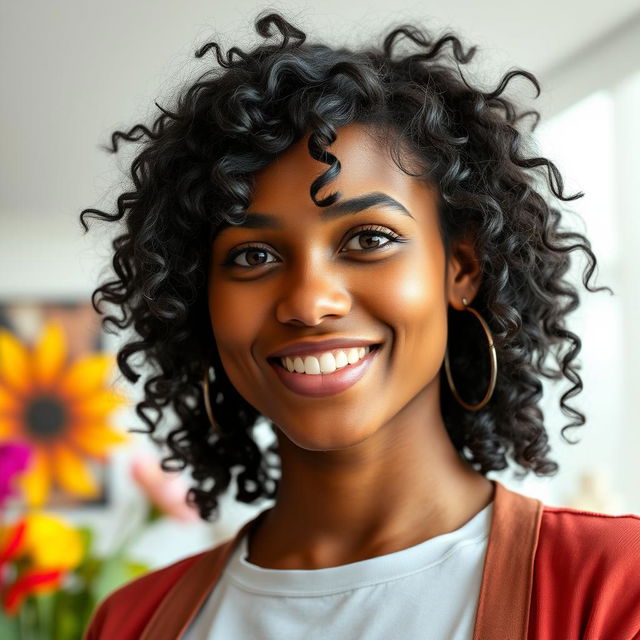 A portrait of a confident woman showcasing her unique beauty with black frizzy hair and dark brown eyes