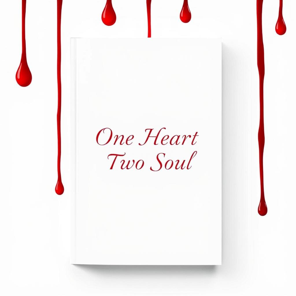 A minimalist romantic book cover design featuring a pristine white background with bold red drops of blood cascading down, creating a striking visual impact