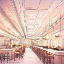 Sketch-style interior illustration of a large, futuristic restaurant. The design features light colors, contributing to a clean and modern aesthetic.