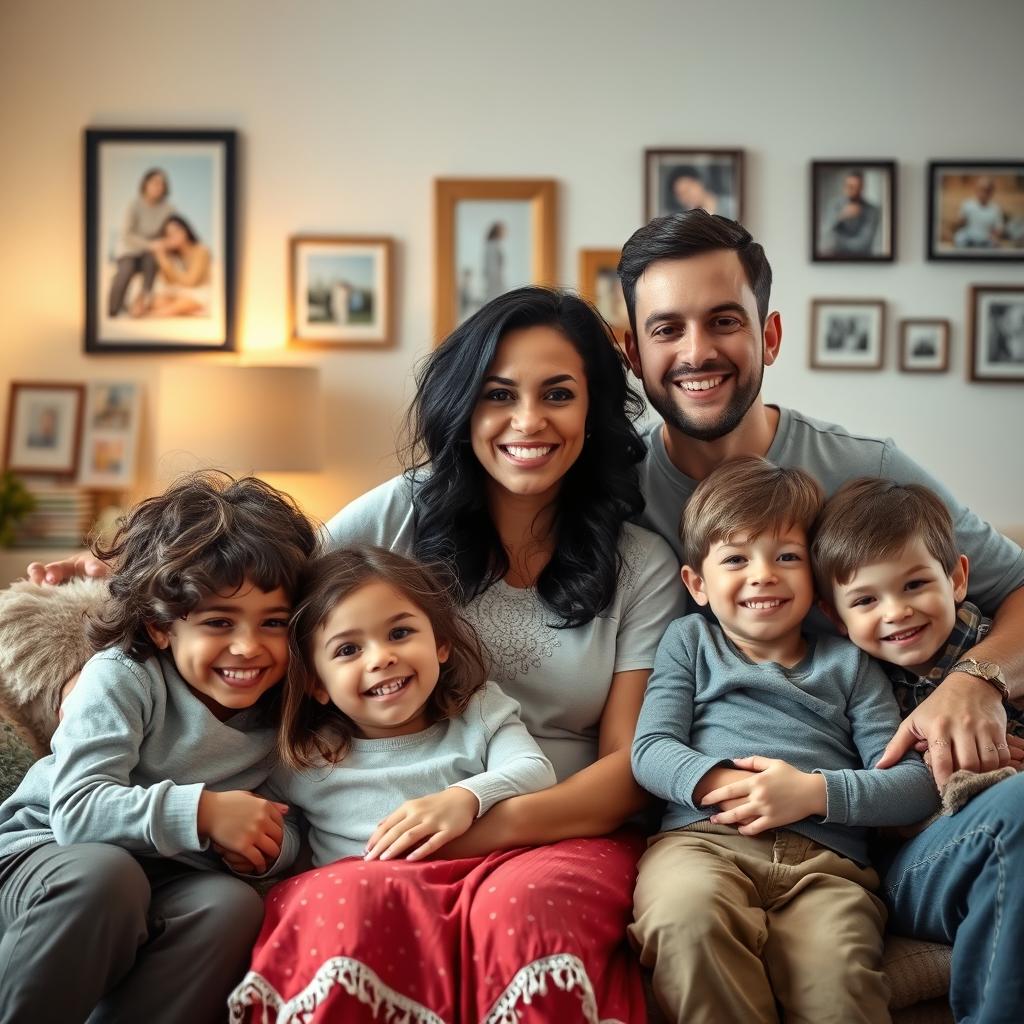 A heartwarming family portrait featuring a loving mother with black, slightly frizzy hair and dark brown eyes, alongside her husband, who is also embracing his body with confidence