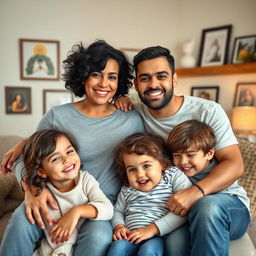 A heartwarming family portrait featuring a loving mother with black, slightly frizzy hair and dark brown eyes, alongside her husband, who is also embracing his body with confidence