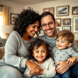 A heartwarming family portrait featuring a loving mother with black, slightly frizzy hair and dark brown eyes, alongside her husband, who is also embracing his body with confidence