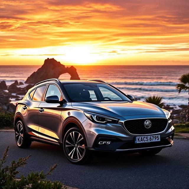 A stylish and sleek MG5 car parked at a scenic coastal viewpoint during sunset, showcasing its modern design with smooth curves and a shiny metallic finish