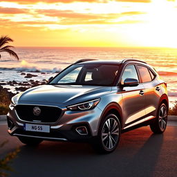 A stylish and sleek MG5 car parked at a scenic coastal viewpoint during sunset, showcasing its modern design with smooth curves and a shiny metallic finish