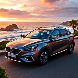 A stylish and sleek MG5 car parked at a scenic coastal viewpoint during sunset, showcasing its modern design with smooth curves and a shiny metallic finish