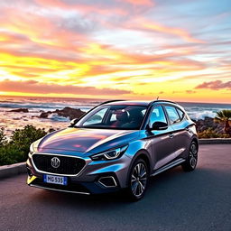 A stylish and sleek MG5 car parked at a scenic coastal viewpoint during sunset, showcasing its modern design with smooth curves and a shiny metallic finish