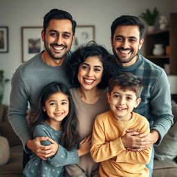 A heartwarming family portrait depicting a joyful Iranian family with warm, loving expressions