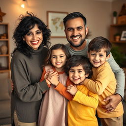 A heartwarming family portrait depicting a joyful Iranian family with warm, loving expressions