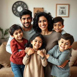 A heartwarming family portrait depicting a joyful Iranian family with warm, loving expressions