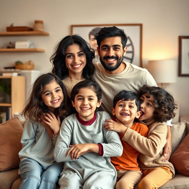 A heartwarming family portrait depicting a joyful Iranian family with warm, loving expressions