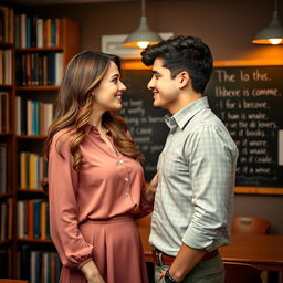 A romantic scene of an attractive lady teacher, around 32 years old, and a handsome young man, around 23 years old, gazing at each other with love and admiration at a cozy classroom setting