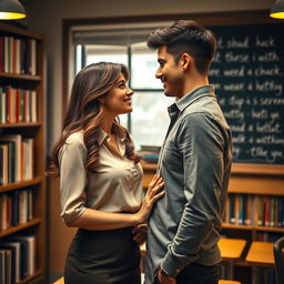 A romantic scene of an attractive lady teacher, around 32 years old, and a handsome young man, around 23 years old, gazing at each other with love and admiration at a cozy classroom setting
