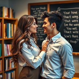 A romantic scene of an attractive lady teacher, around 32 years old, and a handsome young man, around 23 years old, gazing at each other with love and admiration at a cozy classroom setting