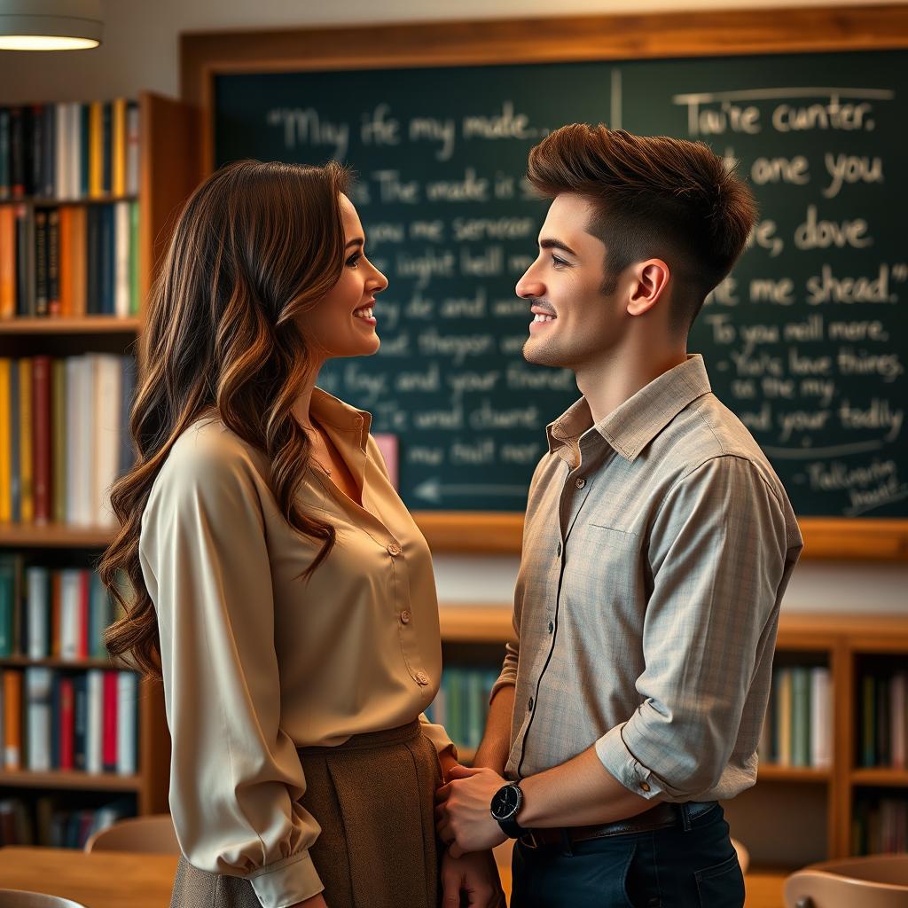 A romantic scene of an attractive lady teacher, around 32 years old, and a handsome young man, around 23 years old, gazing at each other with love and admiration at a cozy classroom setting