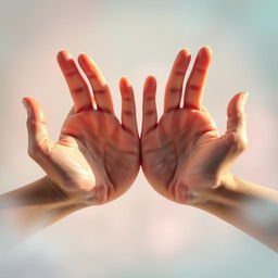 A close-up artistic rendering of a pair of hands elegantly arranged, resembling the shape of a butterfly, with the palms facing outward and fingers delicately extended, in a soft, dreamlike environment