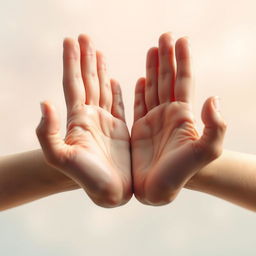 A close-up artistic rendering of a pair of hands elegantly arranged, resembling the shape of a butterfly, with the palms facing outward and fingers delicately extended, in a soft, dreamlike environment