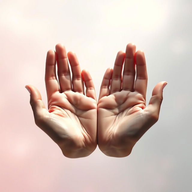 A close-up artistic rendering of a pair of hands elegantly arranged, resembling the shape of a butterfly, with the palms facing outward and fingers delicately extended, in a soft, dreamlike environment