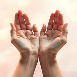 A close-up artistic rendering of a pair of hands elegantly arranged, resembling the shape of a butterfly, with the palms facing outward and fingers delicately extended, in a soft, dreamlike environment