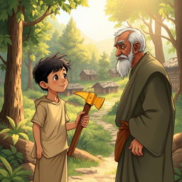 An illustration of a poor boy named Ahmad in a picturesque village, sincerely returning a golden axe to an elderly man