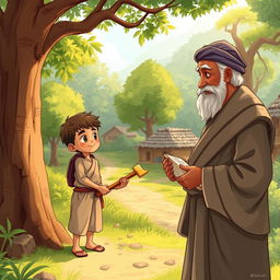 An illustration of a poor boy named Ahmad in a picturesque village, sincerely returning a golden axe to an elderly man