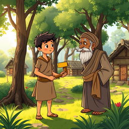 An illustration of a poor boy named Ahmad in a picturesque village, sincerely returning a golden axe to an elderly man