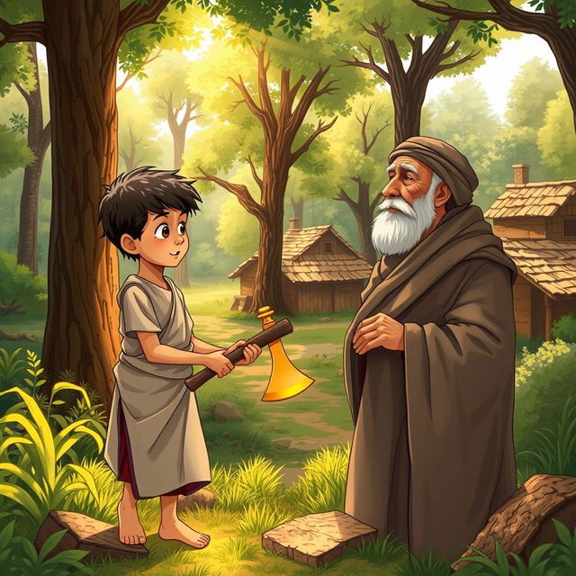 An illustration of a poor boy named Ahmad in a picturesque village, sincerely returning a golden axe to an elderly man