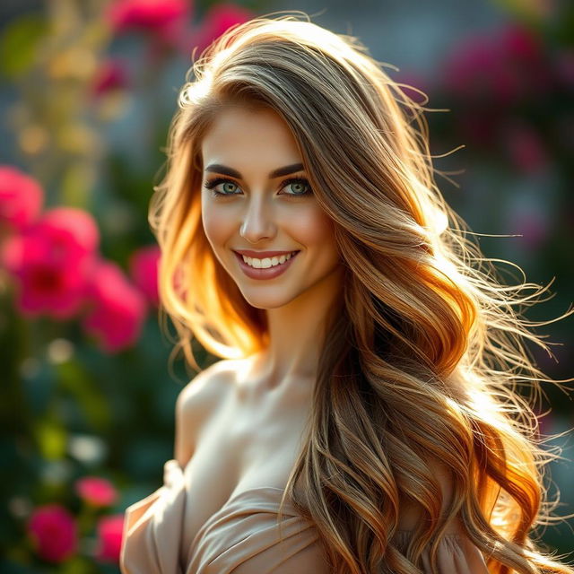 A stunning portrait of a woman with flowing, cascading hair that has been slightly enhanced with more volume