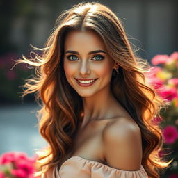 A stunning portrait of a woman with flowing, cascading hair that has been slightly enhanced with more volume