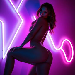 A stunningly beautiful sexy woman in a vibrant neon pink and blue setting, elegantly posed to accentuate her curves