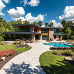 A beautifully designed modern house surrounded by lush greenery, with large glass windows that reflect the sunlight