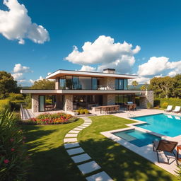 A beautifully designed modern house surrounded by lush greenery, with large glass windows that reflect the sunlight