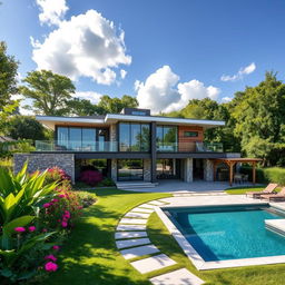 A beautifully designed modern house surrounded by lush greenery, with large glass windows that reflect the sunlight