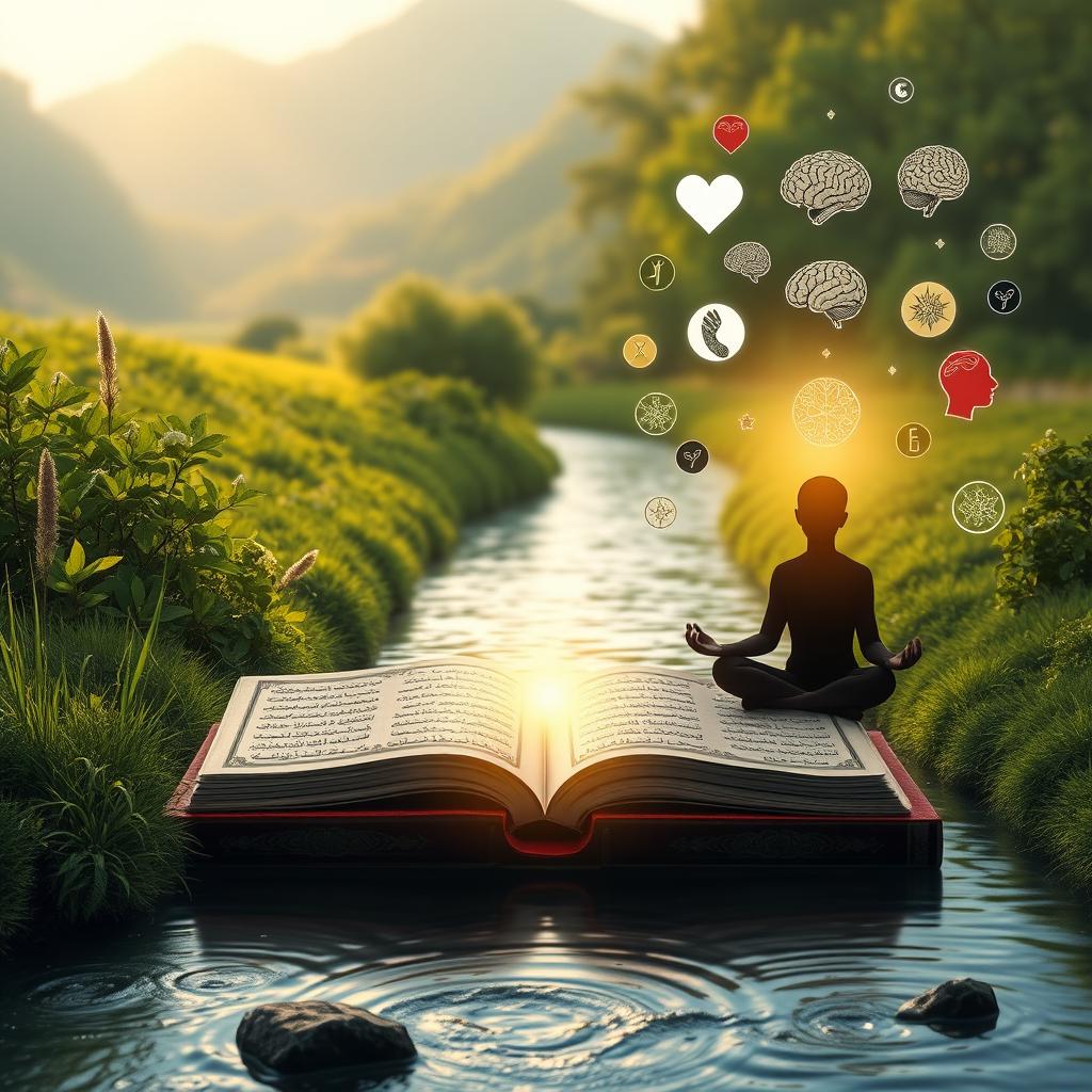 An artistic representation of the connection between the Quran and psychology, featuring a serene landscape with a tranquil river flowing through it