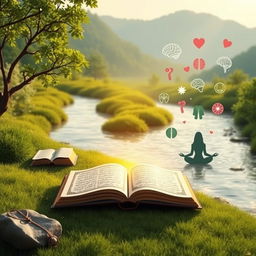 An artistic representation of the connection between the Quran and psychology, featuring a serene landscape with a tranquil river flowing through it