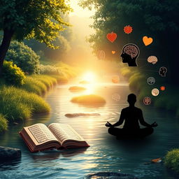An artistic representation of the connection between the Quran and psychology, featuring a serene landscape with a tranquil river flowing through it