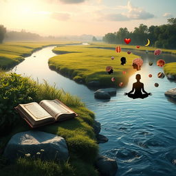 An artistic representation of the connection between the Quran and psychology, featuring a serene landscape with a tranquil river flowing through it