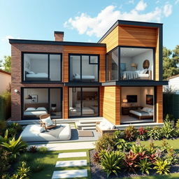 A detailed architectural design of a modern house featuring three bedrooms, one sitting room, and one common toilet