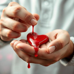 A close-up of a man's hands gently holding a heart that is slowly melting, symbolizing warmth and love