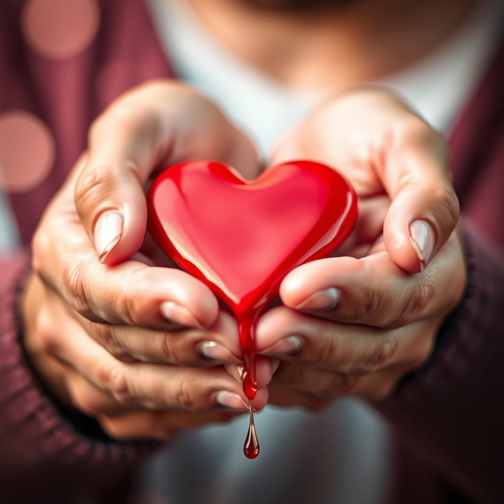 A close-up of a man's hands gently holding a heart that is slowly melting, symbolizing warmth and love