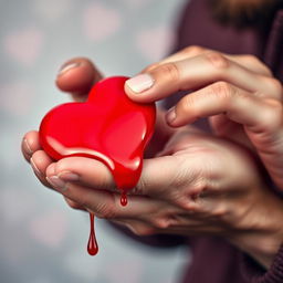 A close-up of a man's hands gently holding a heart that is slowly melting, symbolizing warmth and love