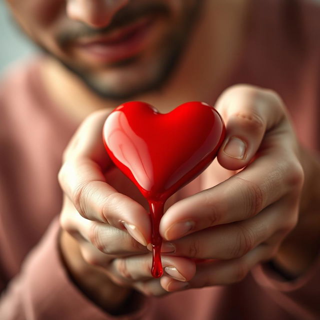 A close-up of a man's hands gently holding a heart that is slowly melting, symbolizing warmth and love