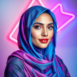 A stunning artistic representation of a beautiful woman wearing a colorful hijab in a vibrant neon blue and pink palette