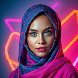 A stunning artistic representation of a beautiful woman wearing a colorful hijab in a vibrant neon blue and pink palette