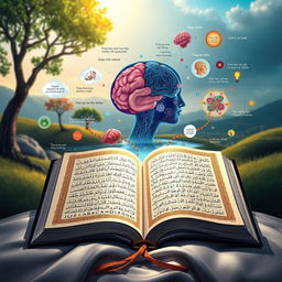 An artistic representation of the relationship between the Quran and psychology, showcasing an open Quran with intricate calligraphy and vibrant illustrations of psychological concepts surrounding it