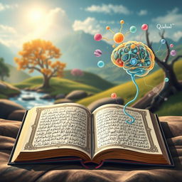 An artistic representation of the relationship between the Quran and psychology, showcasing an open Quran with intricate calligraphy and vibrant illustrations of psychological concepts surrounding it