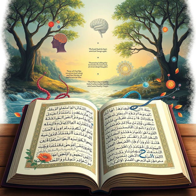 An artistic representation of the relationship between the Quran and psychology, showcasing an open Quran with intricate calligraphy and vibrant illustrations of psychological concepts surrounding it