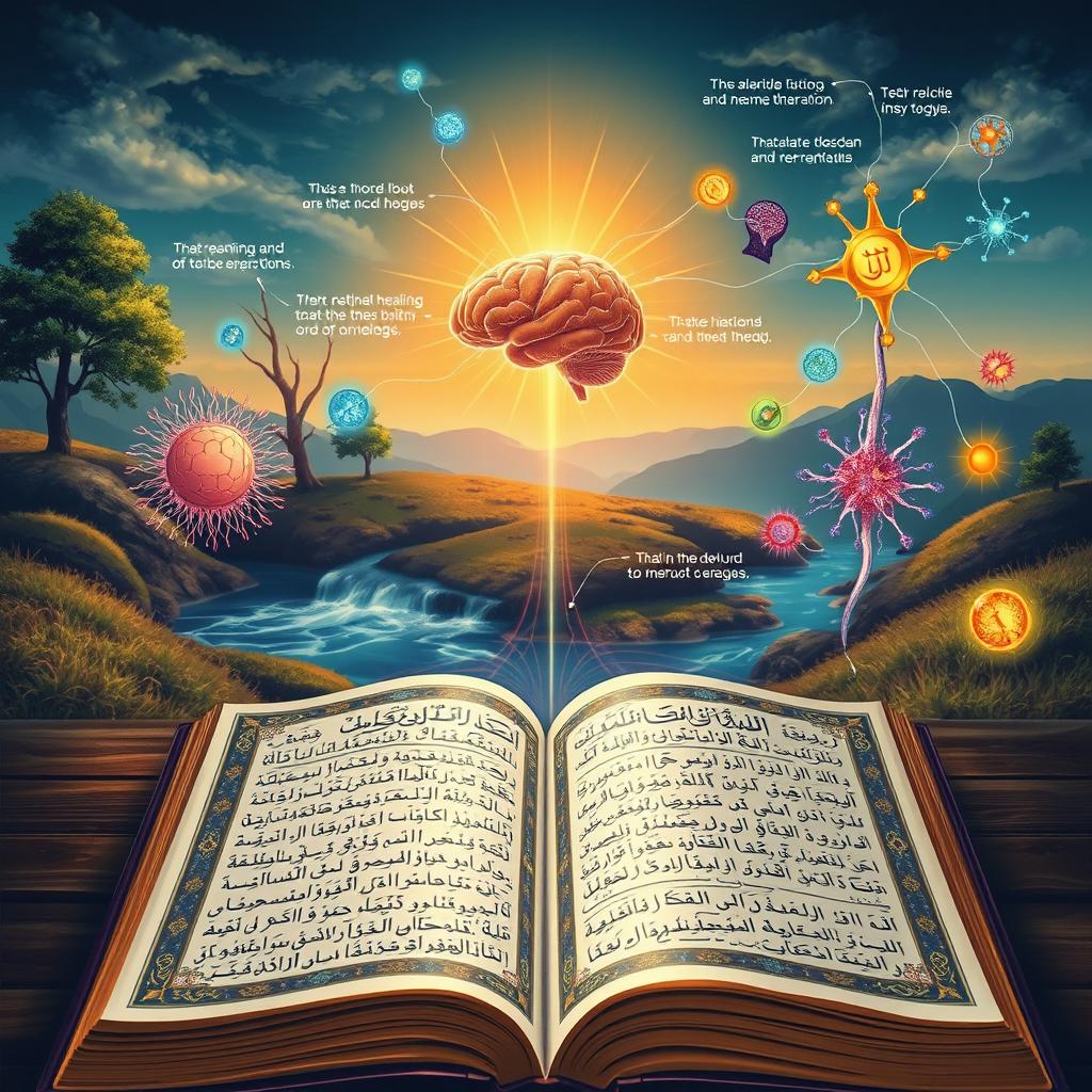 An artistic representation of the relationship between the Quran and psychology, showcasing an open Quran with intricate calligraphy and vibrant illustrations of psychological concepts surrounding it